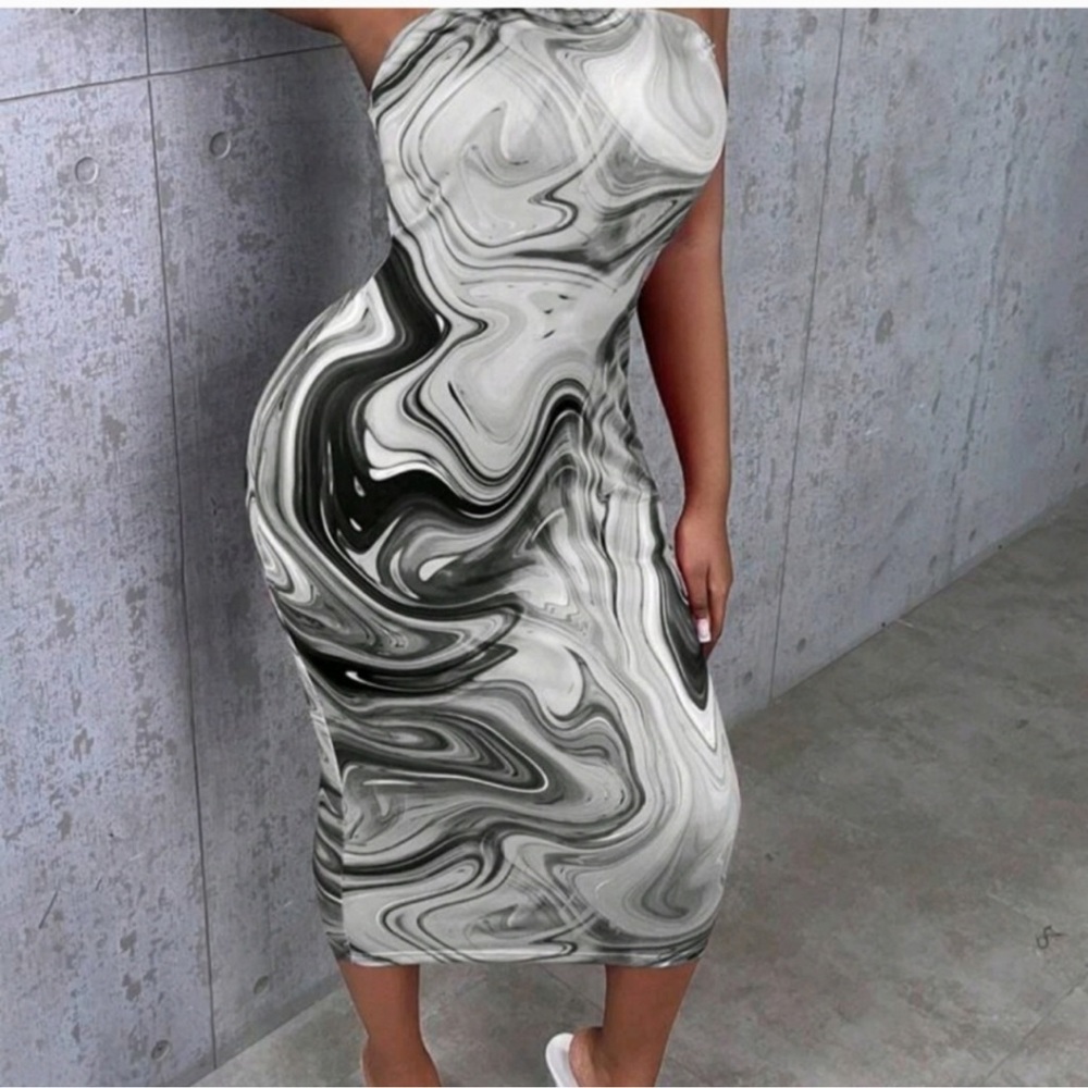 Marble print strapless dress